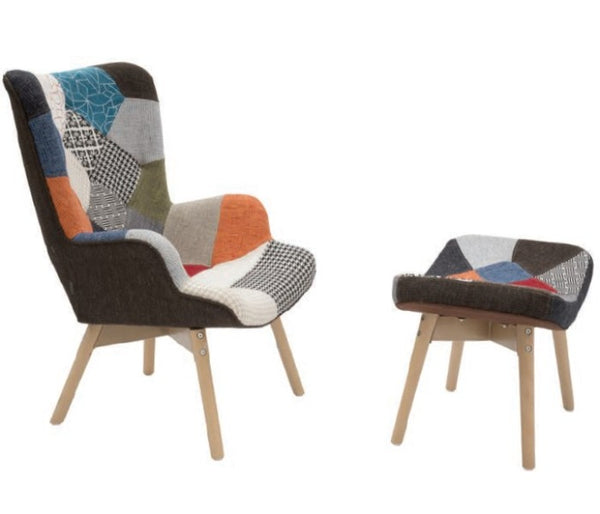 Poltroncina tessuto patchwork con sgabello